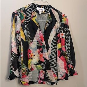 Joseph Ribkoff Black Floral Print Open Blazer with Pink & Yellow Accents